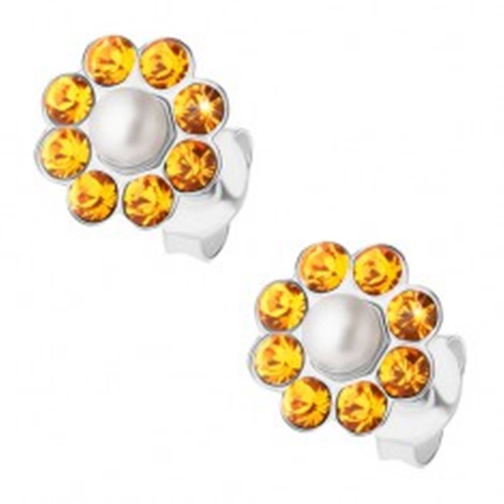 Šperky eshop Strieborné náušnice 925, oranžový kvietok s bielou perličkou v strede, puzetky