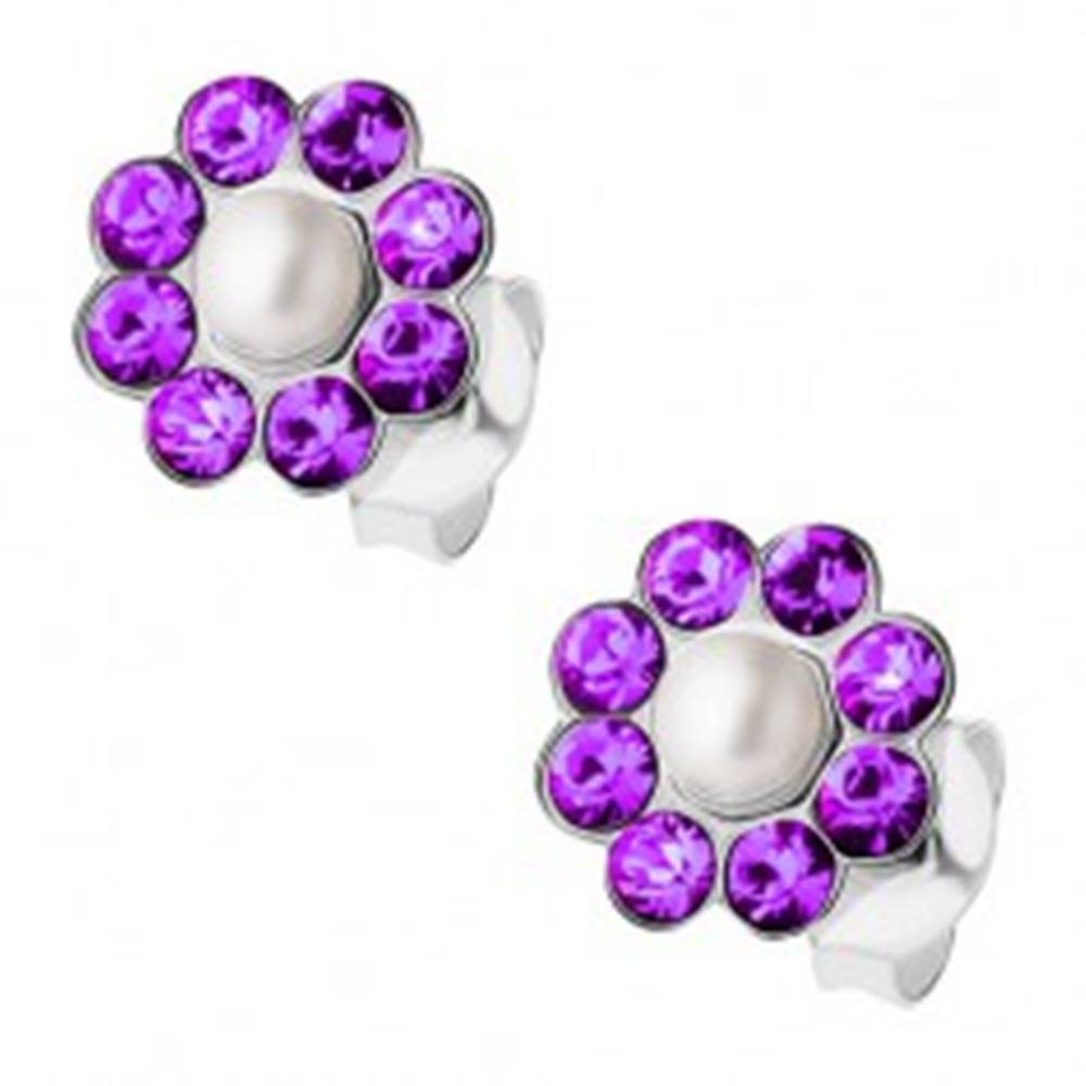 Šperky eshop Strieborné náušnice 925, perlička, fialové krištáliky Preciosa - kvietok