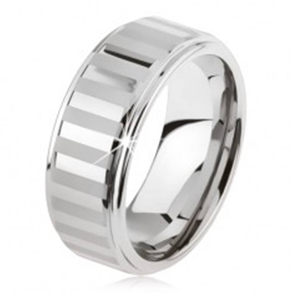 Šperky eshop Tungstenový prsteň striebornej farby, lesklé a matné pásiky - Veľkosť: 49 mm