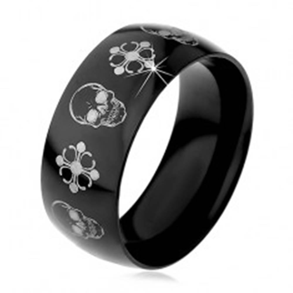 Šperky eshop Čierna oceľová obrúčka, lebky a kríže striebornej farby, 9 mm - Veľkosť: 59 mm
