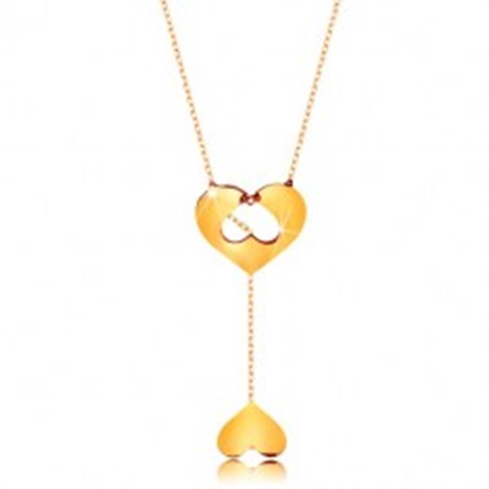 Šperky eshop Náhrdelník v 9K zlate - jemná retiazka, srdce s výrezom a visiace obrátené srdiečko