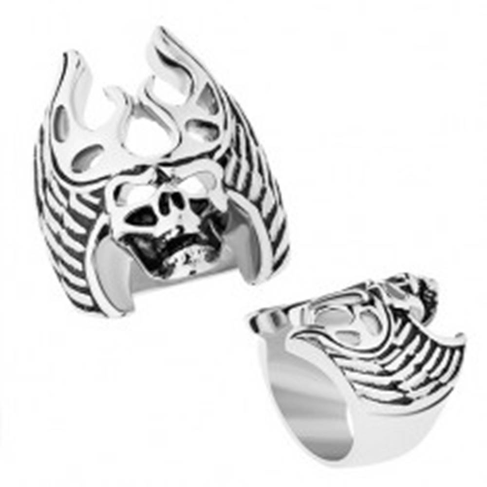 Šperky eshop Oceľový prsteň striebornej farby, čierna patina, lebka - parohy, krídla - Veľkosť: 56 mm