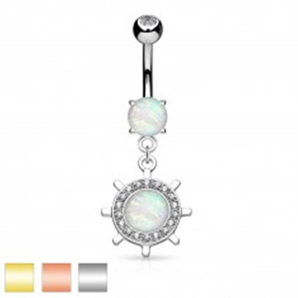 Šperky eshop Piercing do brucha, oceľ 316L, kormidlo so syntetickým opálom a zirkónikmi - Farba piercing: Medená