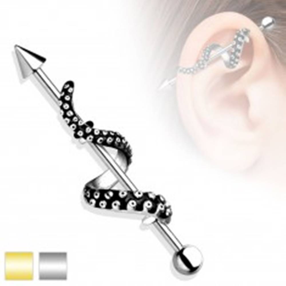 Šperky eshop Piercing do ucha z ocele 316L - činka s guličkou a hrotom, rameno chobotnice - Farba piercing: Strieborná