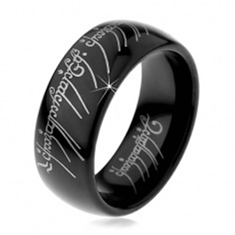 Šperky eshop Prsteň z volfrámu - hladká čierna obrúčka, motív Pána prsteňov, 8 mm - Veľkosť: 49 mm