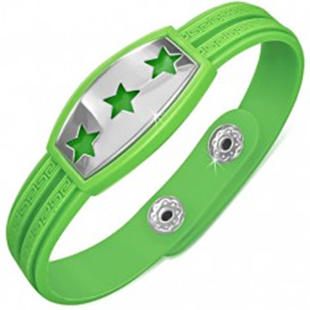 Šperky eshop Zelený gumený náramok - hviezdy na známke, grécky kľúč