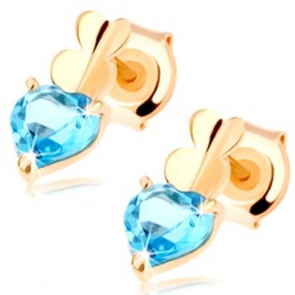 Šperky eshop Zlaté náušnice 585 - dve malé srdiečka a srdiečkový topás modrej farby