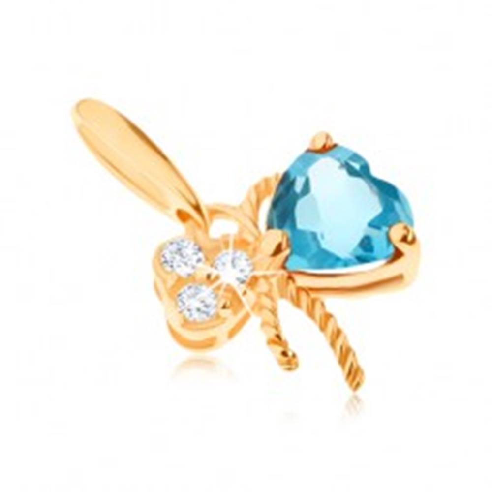 Šperky eshop Zlatý prívesok 375 - mašlička ozdobená modrým topásom a čírymi zirkónmi