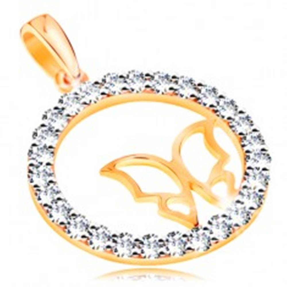 Šperky eshop Zlatý prívesok 585 - trblietavá zirkónová obruč, tenký lesklý obrys motýľa