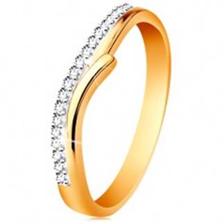 Zlatý 14K prsteň s rozdelenými dvojfarebnými ramenami, číre zirkóny - Veľkosť: 49 mm