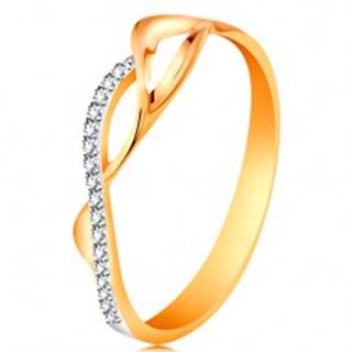 Zlatý prsteň 585 - asymetricky prepletené vlnky - dve hladké a jedna zirkónová - Veľkosť: 49 mm