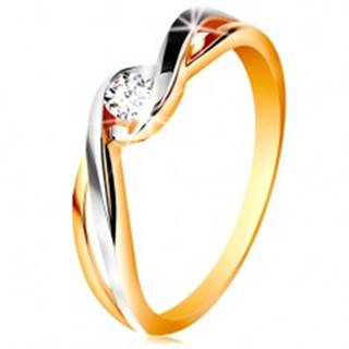 Zlatý prsteň 585 - dvojfarebné, rozdelené a zvlnené ramená, číry zirkón - Veľkosť: 49 mm