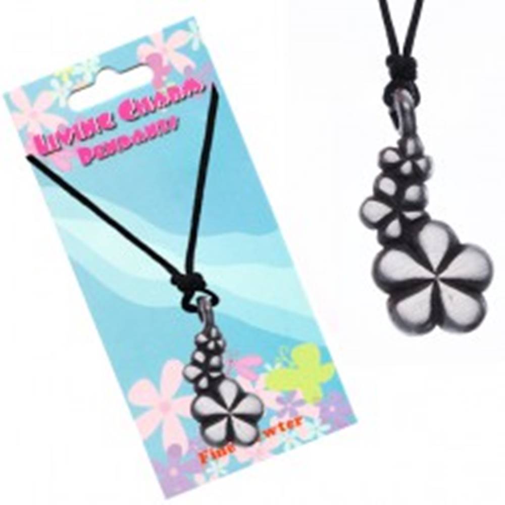 Šperky eshop Čierny náhrdelník - šnúrka, prívesok, tri kvety