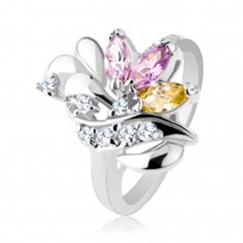 Šperky eshop Lesklý prsteň, zrnkové farebné zirkóny, lesklé slzičky a trblietavá vlnka - Veľkosť: 49 mm
