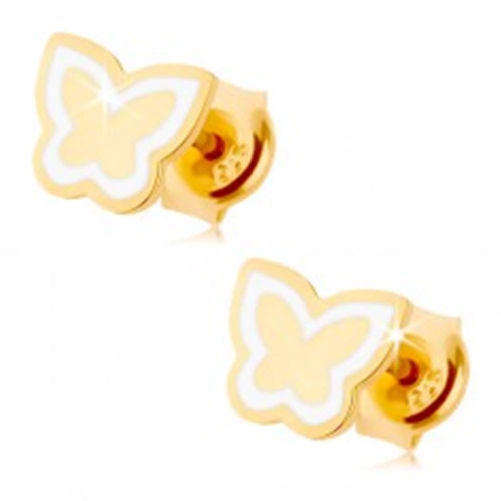 Šperky eshop Náušnice zo žltého 9K zlata - lesklý plochý motýlik, kontúra z bielej glazúry