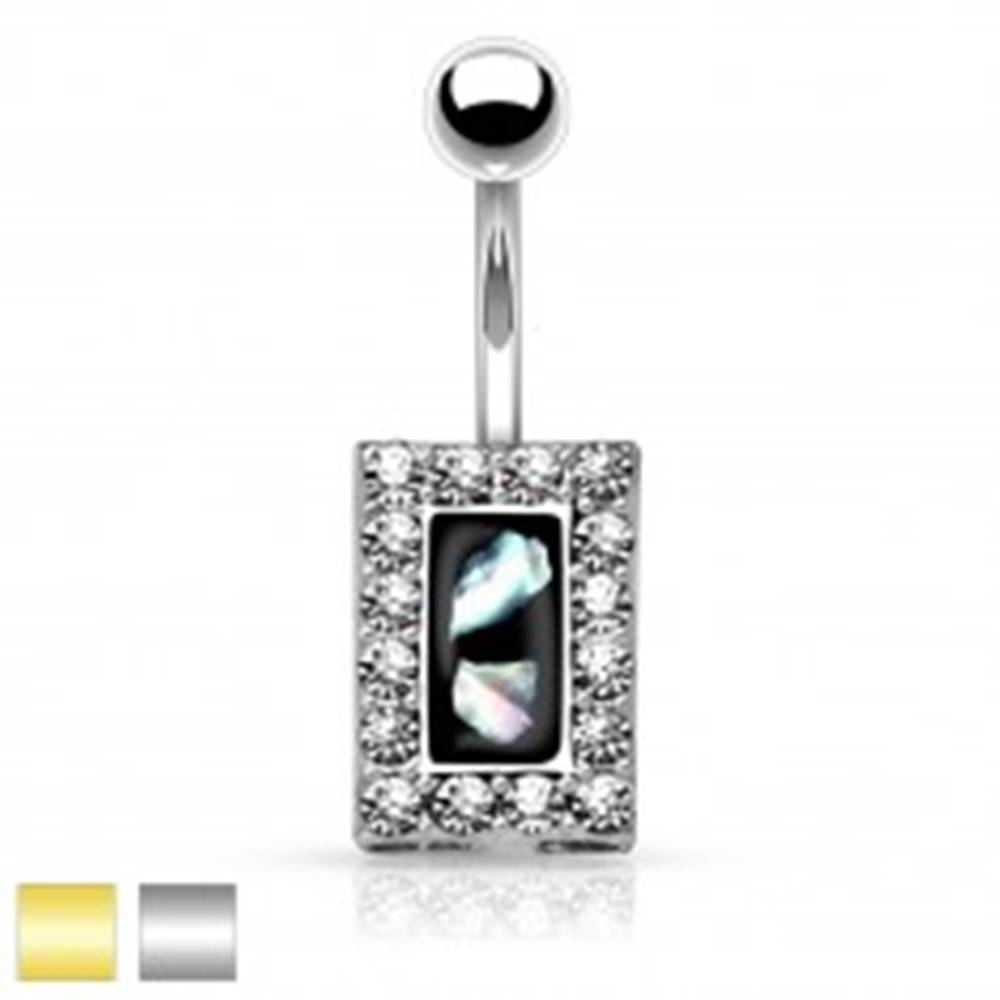 Šperky eshop Oceľový piercing do brucha, čierny obdĺžnik s kúskami perlete, zirkónový lem - Farba piercing: Strieborná