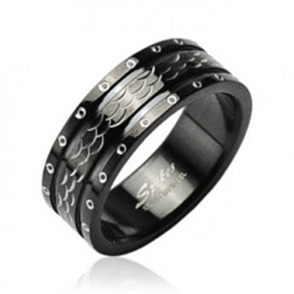 Šperky eshop Oceľový prsteň vlnky - krúžky po obvode - Veľkosť: 58 mm