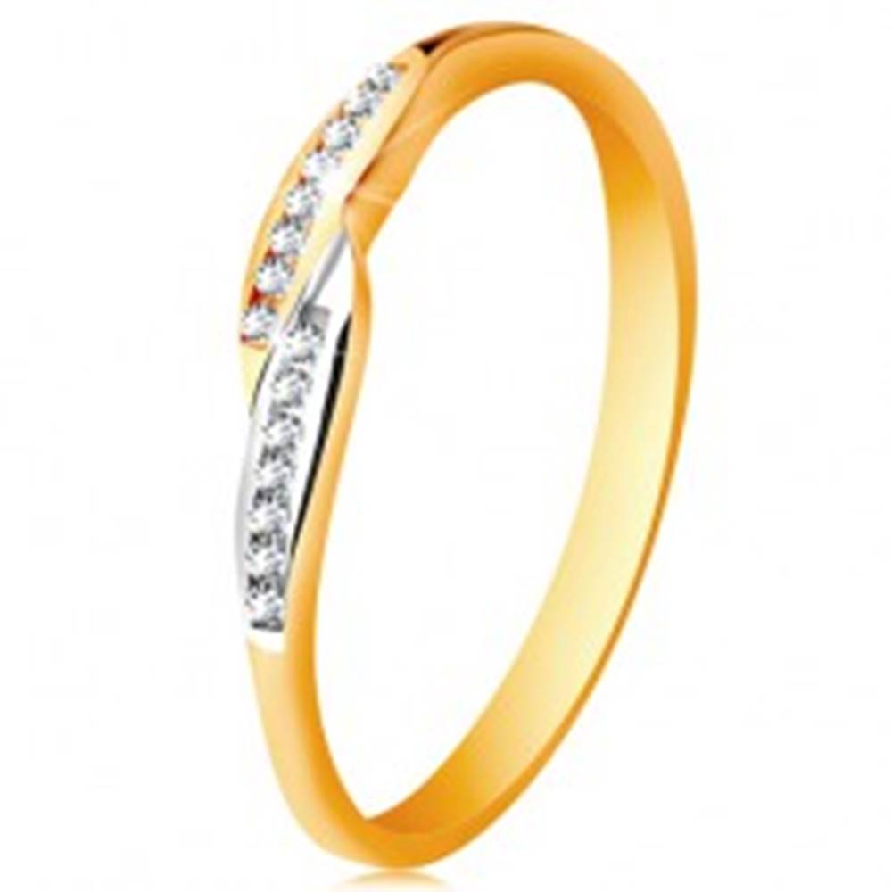 Šperky eshop Prsteň v 14K zlate, rozšírené dvojfarebné konce ramien so vsadenými zirkónmi - Veľkosť: 49 mm