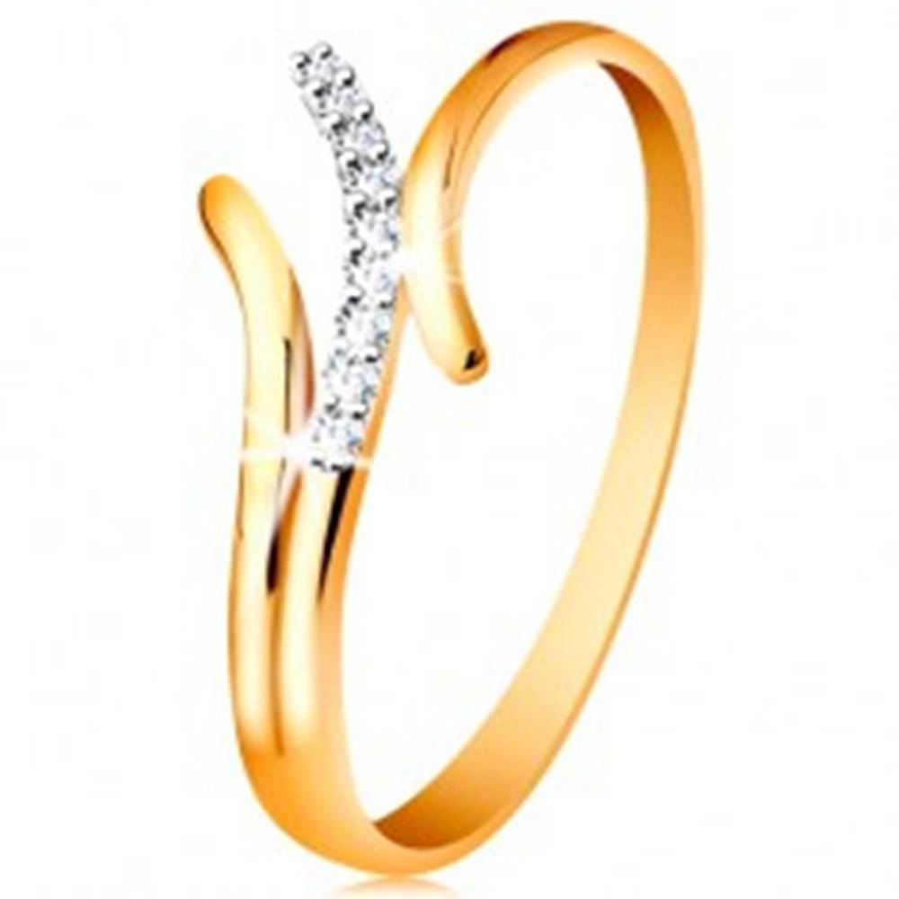 Šperky eshop Prsteň v 14K zlate, zvlnené dvojfarebné línie ramien, vsadené číre zirkóniky - Veľkosť: 49 mm