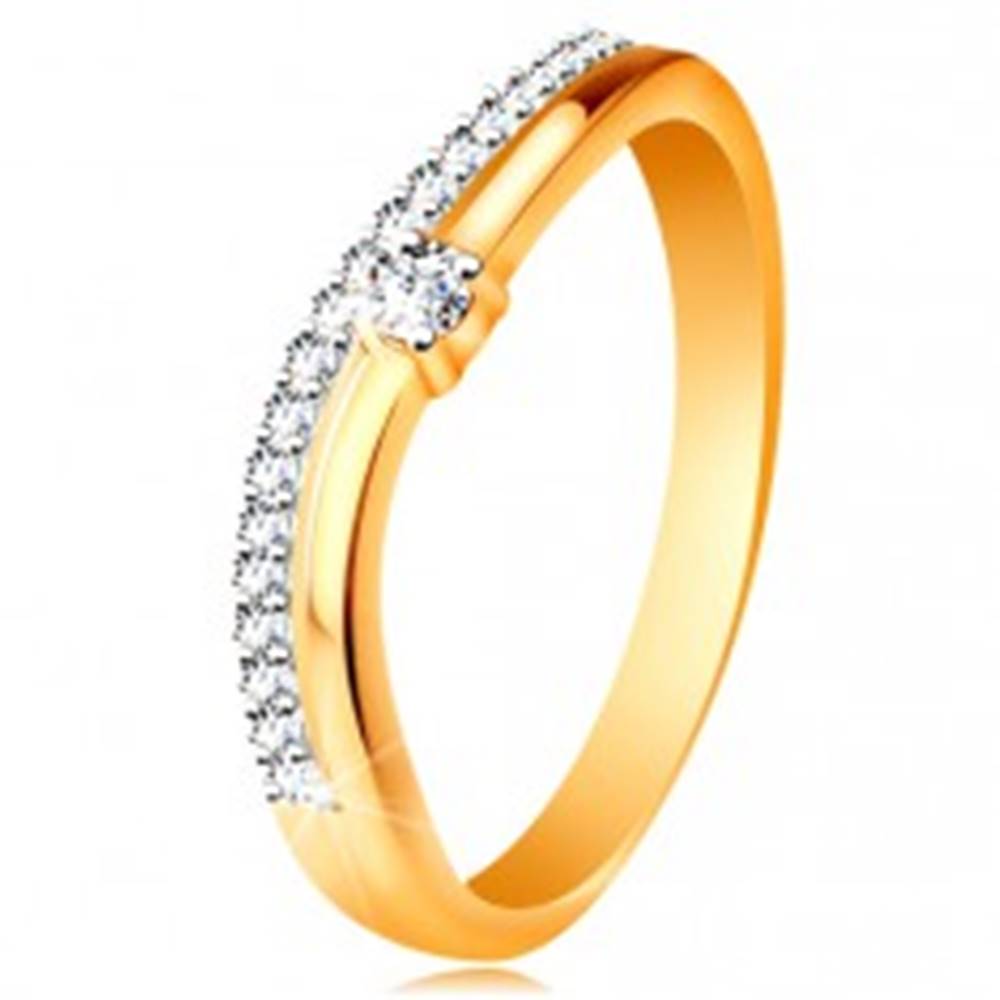 Šperky eshop Prsteň zo 14K zlata, zvlnené ramená s výrezom v strede a číre zirkóny - Veľkosť: 49 mm