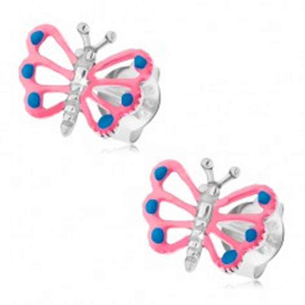 Šperky eshop Puzetové náušnice, striebro 925, motýlik s ružovými krídlami, výrezy