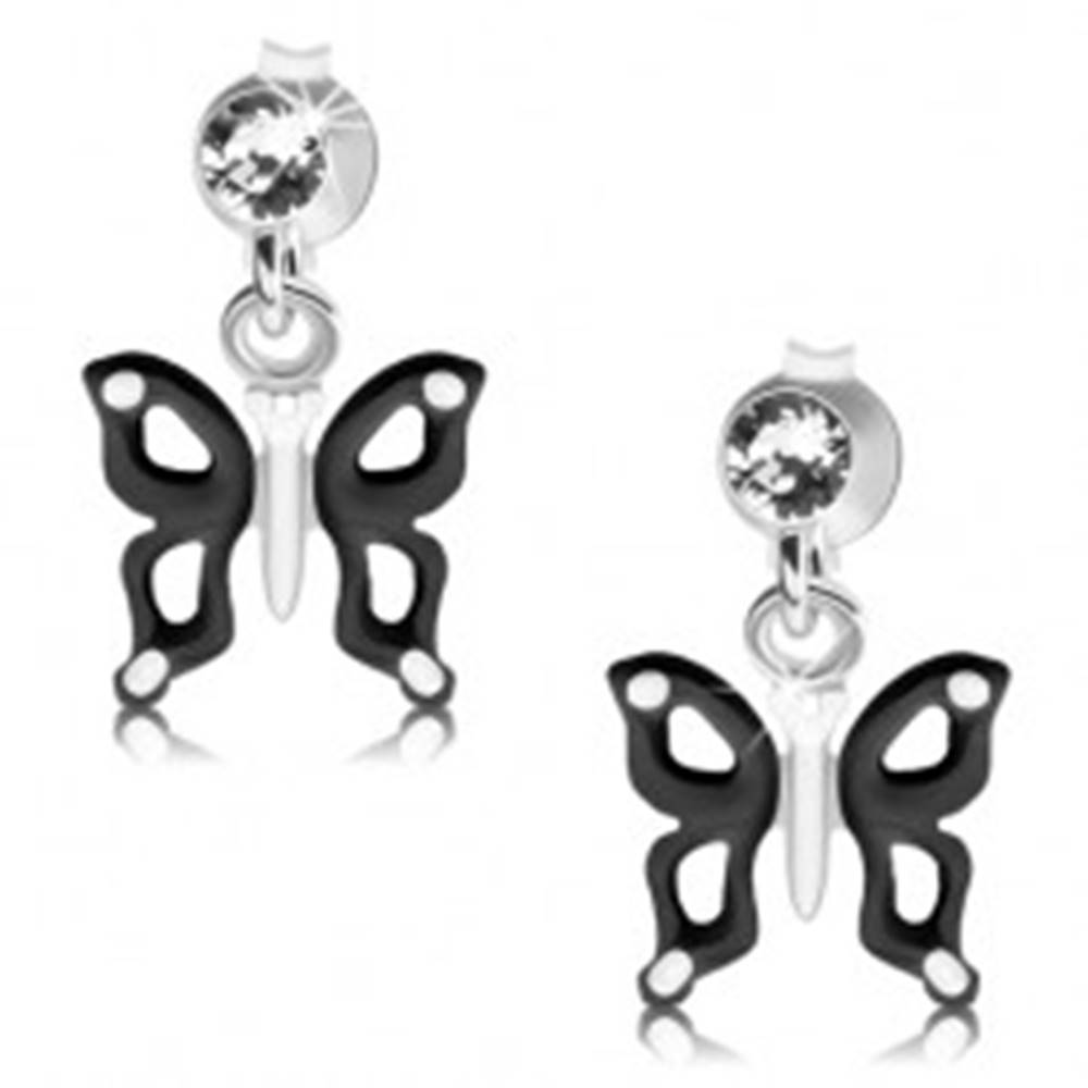 Šperky eshop Strieborné náušnice 925, čierno-biely motýlik s výrezmi na krídlach, krištáľ