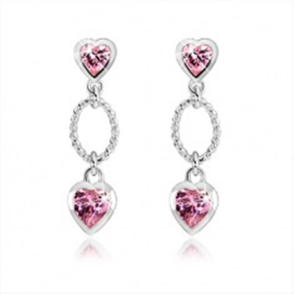 Šperky eshop Strieborné náušnice 925, dve ružové zirkónové srdcia, zdobený ovál