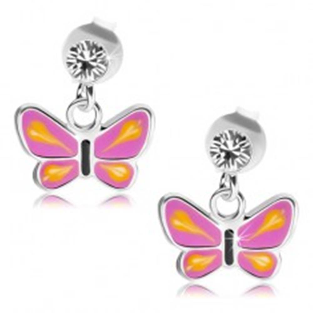 Šperky eshop Strieborné náušnice 925, motýľ s fialovými krídlami, žlté slzičky, číry krištáľ