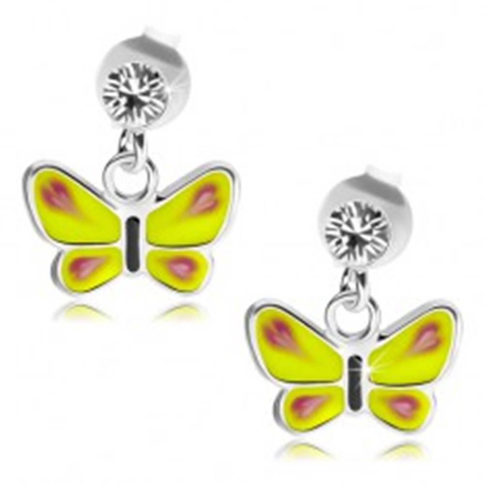 Šperky eshop Strieborné náušnice 925, žltý motýľ, číry Swarovského krištálik
