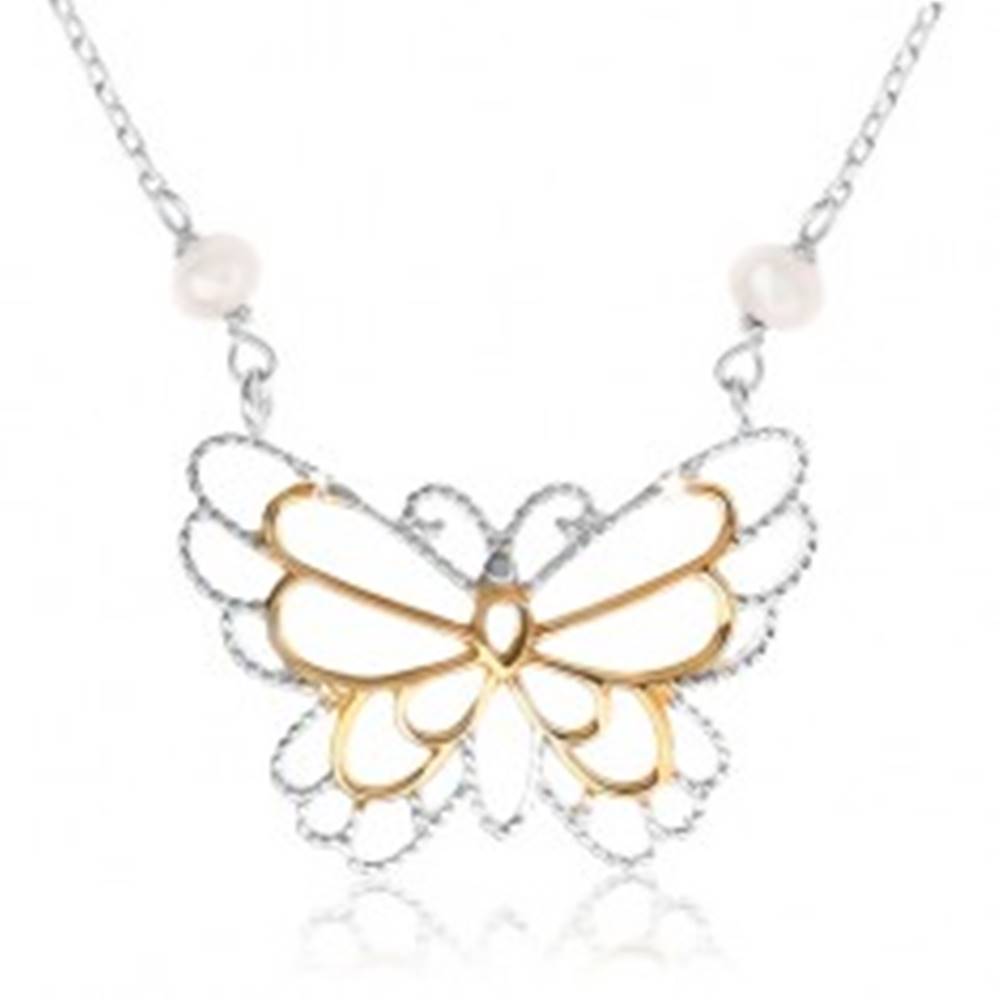 Šperky eshop Strieborný náhrdelník 925, kontúra motýlika, vložené perleťové guličky