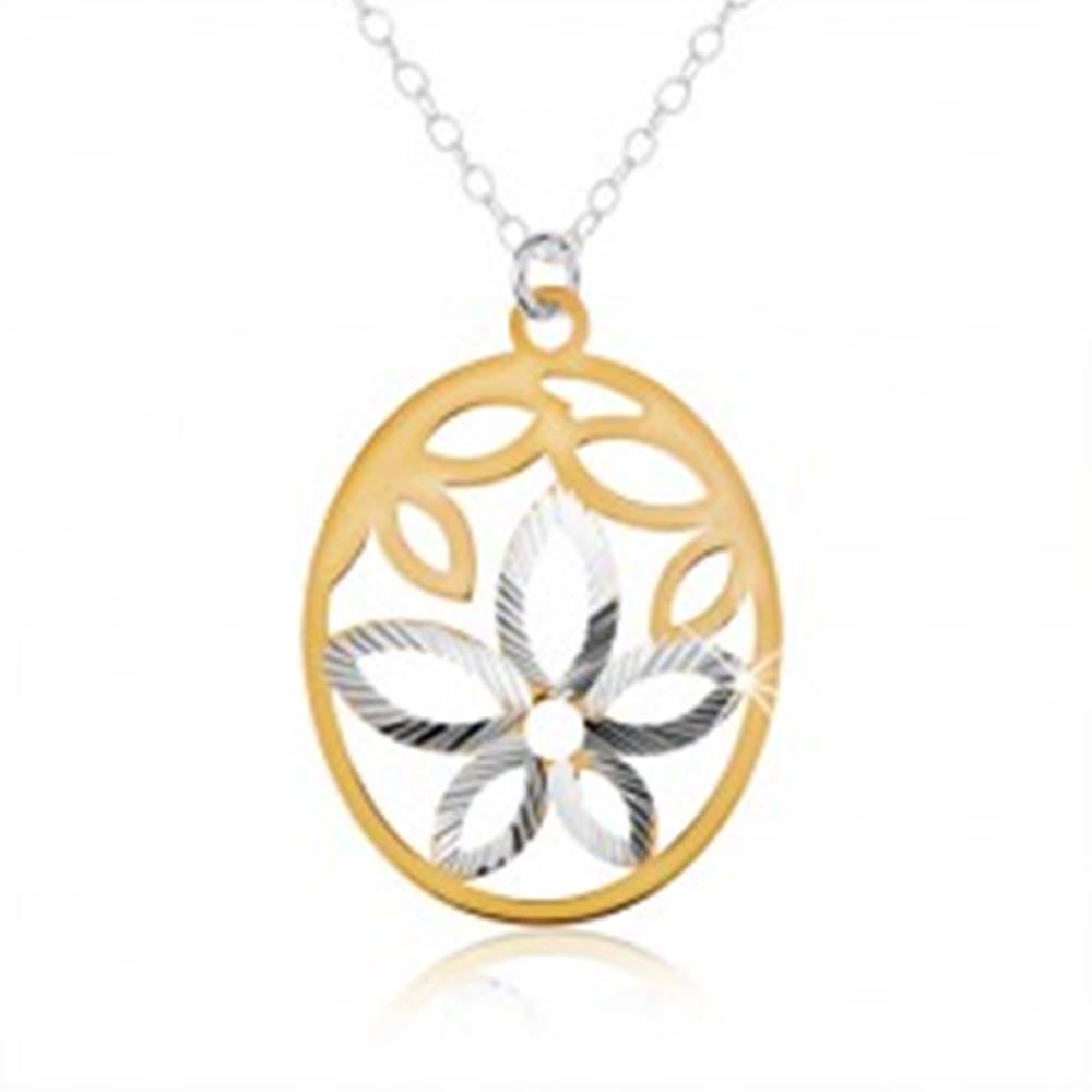 Šperky eshop Strieborný náhrdelník 925, oválny prívesok, výrez kvetu, lupene zlatej farby