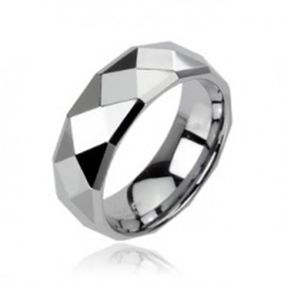 Šperky eshop Tungstenový prsteň striebornej farby s brúsenými kosoštvorcami, 6 mm - Veľkosť: 49 mm