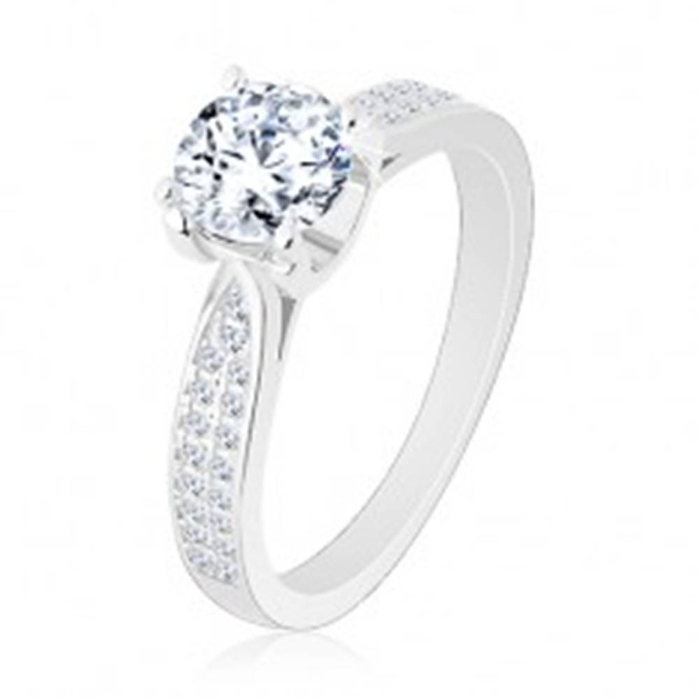 Šperky eshop Zásnubný prsteň, striebro 925, zúžené ligotavé ramená, okrúhly zirkón - Veľkosť: 50 mm