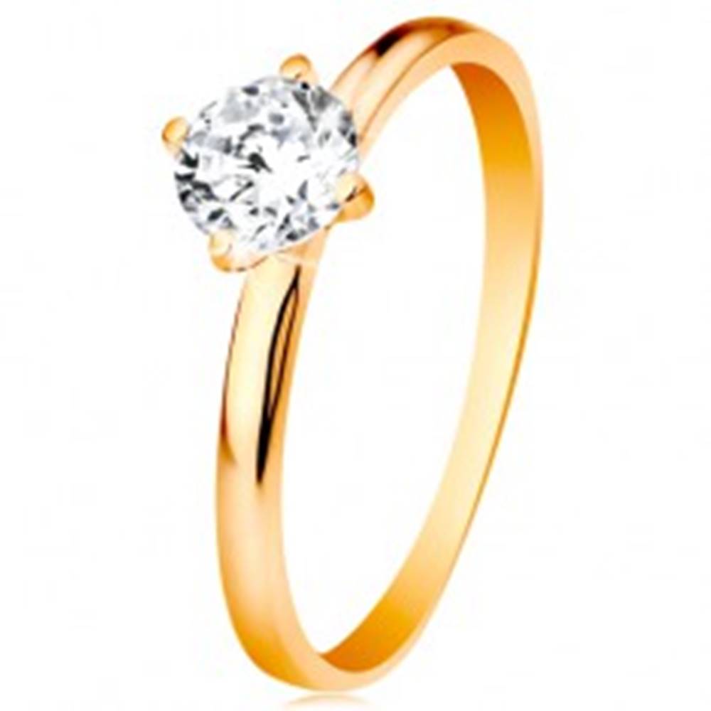 Šperky eshop Zásnubný prsteň v žltom 14K zlate - hladké ramená, žiarivý okrúhly zirkón čírej farby - Veľkosť: 49 mm