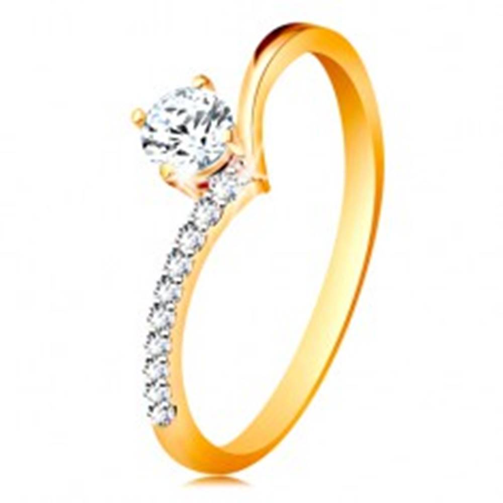 Šperky eshop Zlatý prsteň 585 - ramená zahnuté do špica a zirkón čírej farby v kotlíku - Veľkosť: 48 mm