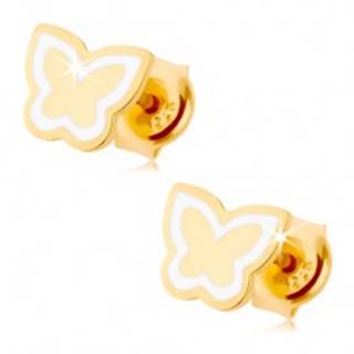 Náušnice zo žltého 14K zlata - lesklý plochý motýlik, kontúra z bielej glazúry