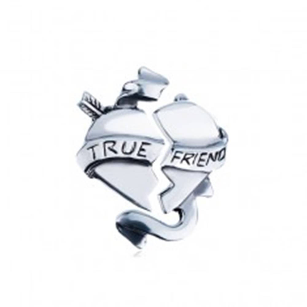 Šperky eshop Dvojitý strieborný prívesok 925 - zlomené srdce so stuhou "TRUE FRIEND"