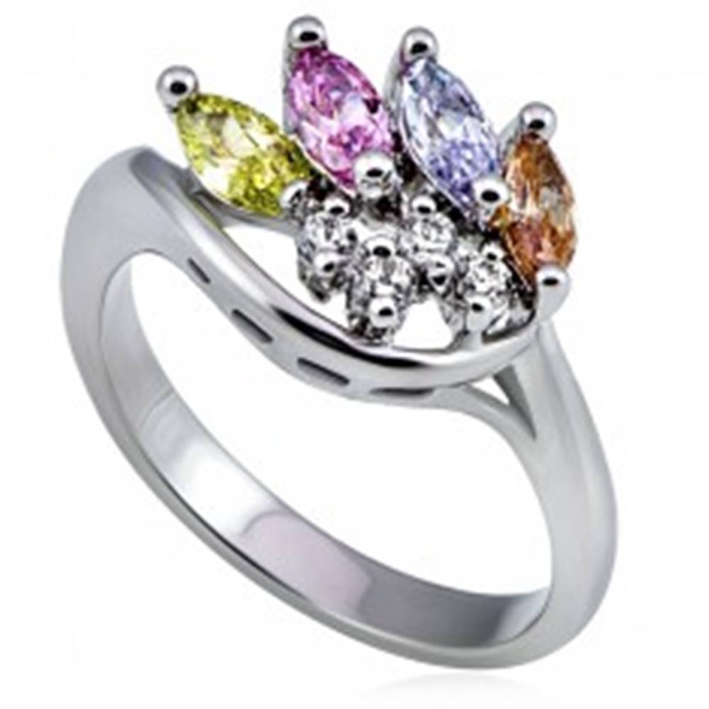 Šperky eshop Kovový prsteň v striebornom prevedení, korunka z farebných a čírych zirkónov  - Veľkosť: 52 mm