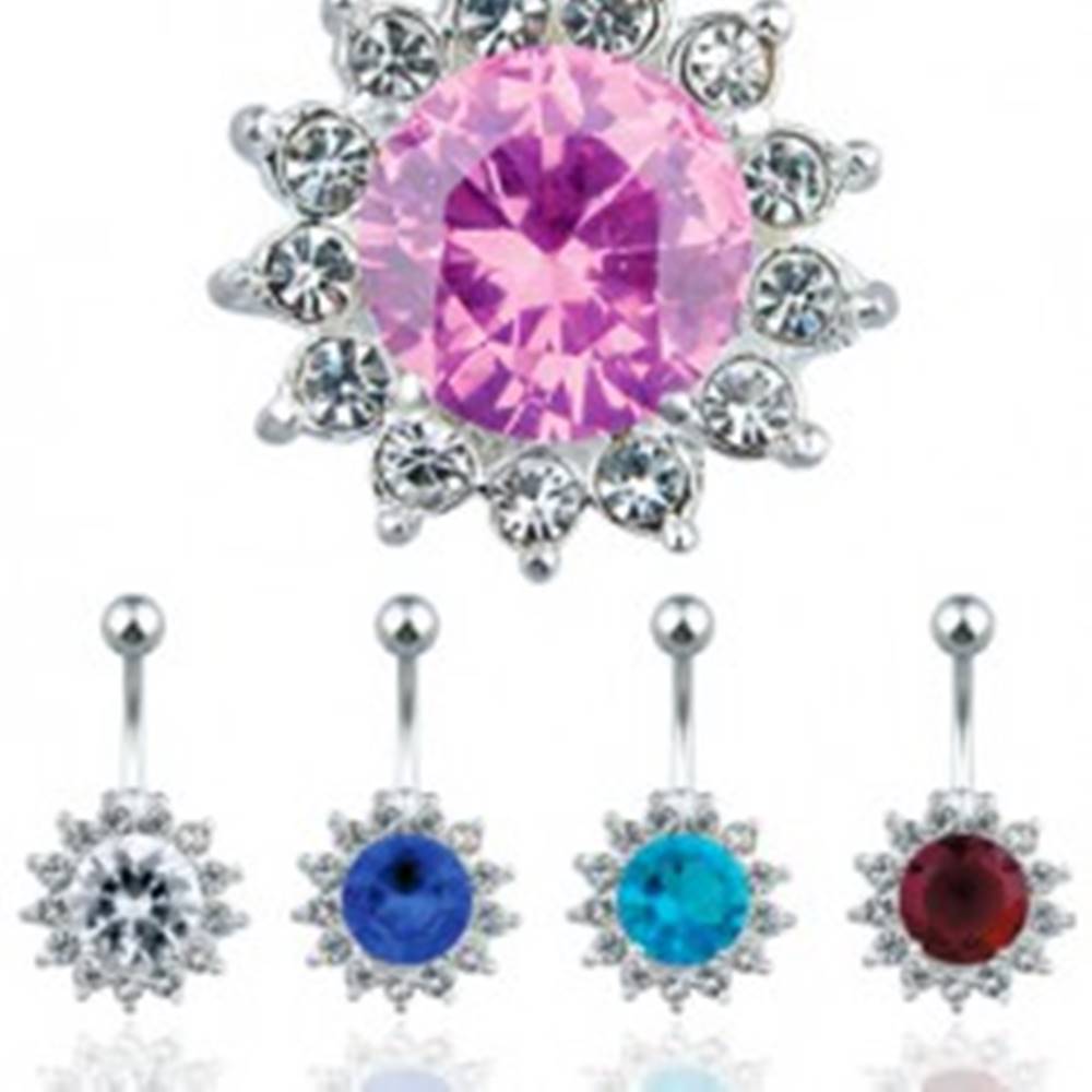 Šperky eshop Lesklý oceľový piercing do pupku - farebný zirkónový kvet - Farba zirkónu: Aqua modrá - Q