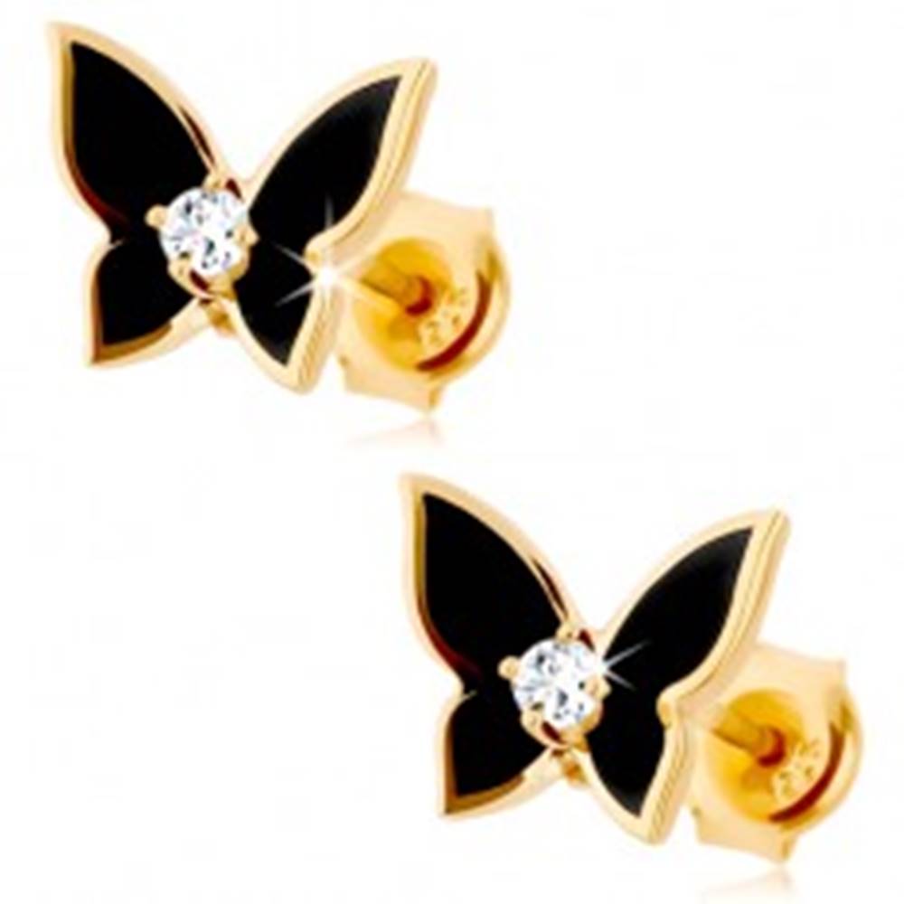 Šperky eshop Náušnice v žltom 14K zlate - malý motýlik pokrytý čiernou glazúrou, číry zirkón
