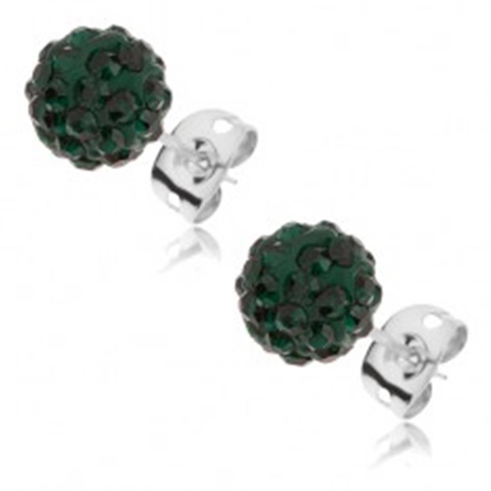 Šperky eshop Náušnice z ocele 316L - smaragdovozelené guľôčky so zirkónmi, 8 mm