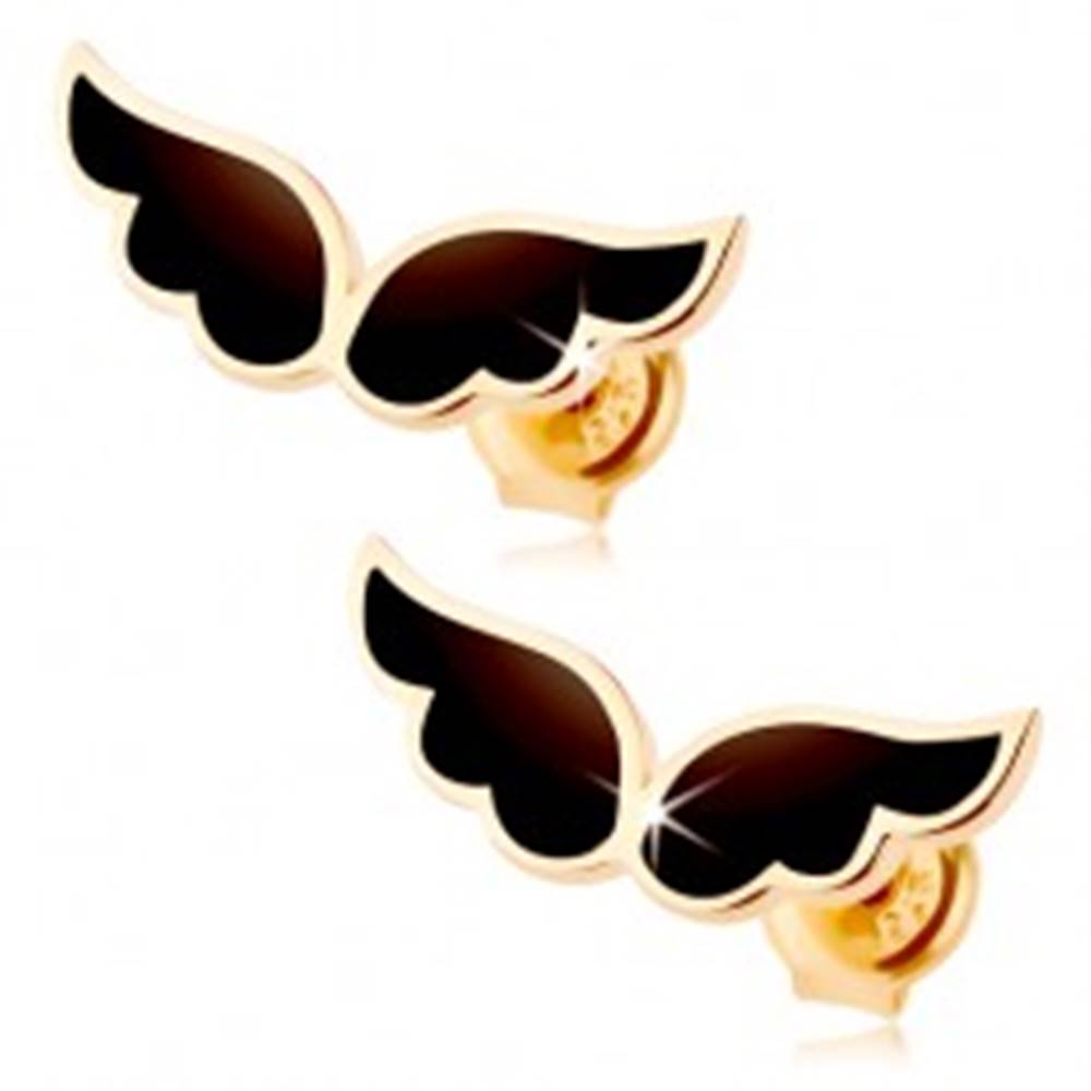 Šperky eshop Náušnice zo žltého 14K zlata - dvojica anjelských krídel, čierna glazúra