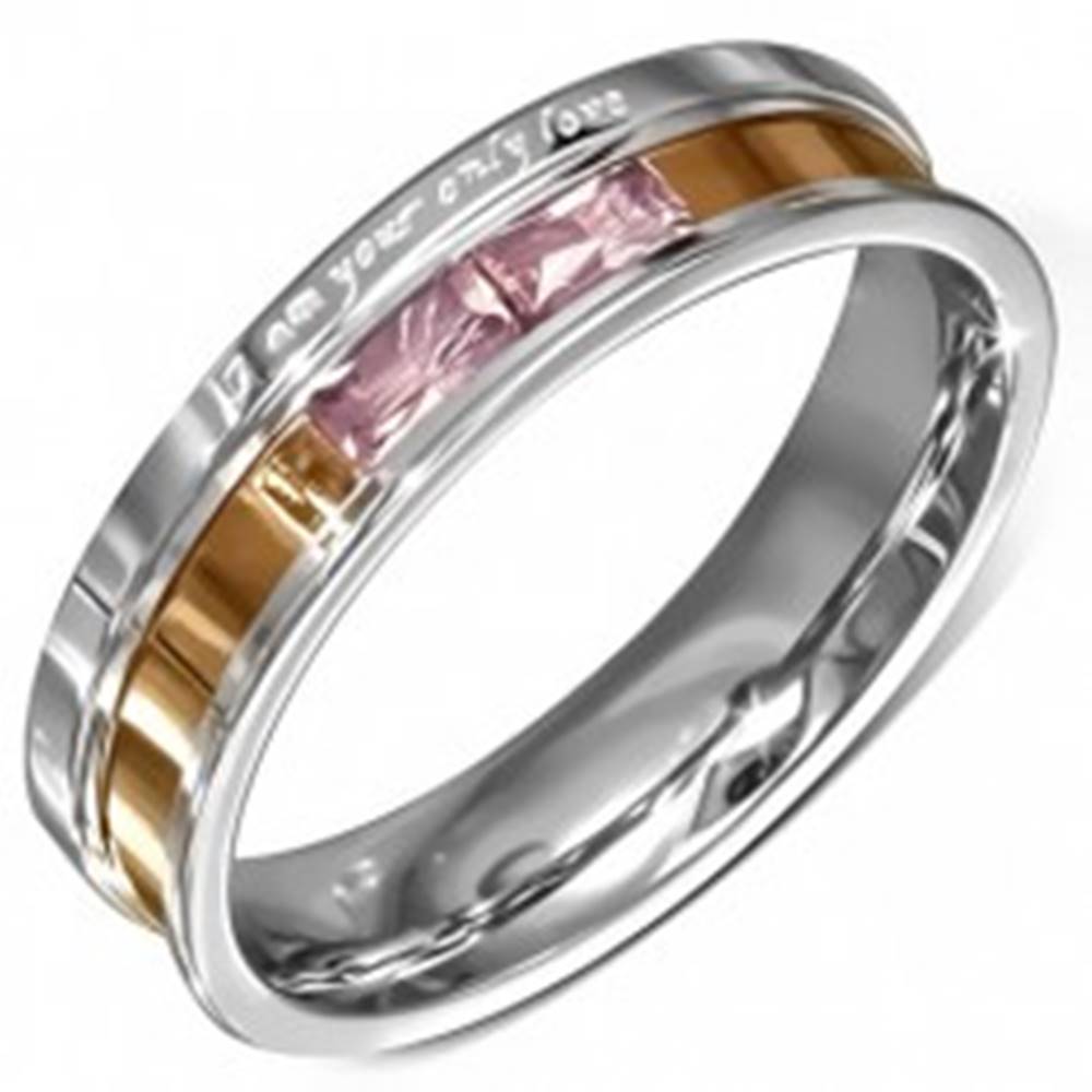 Šperky eshop Oceľová obrúčka, ružové zirkóny, gravírované vyznanie lásky - Veľkosť: 49 mm
