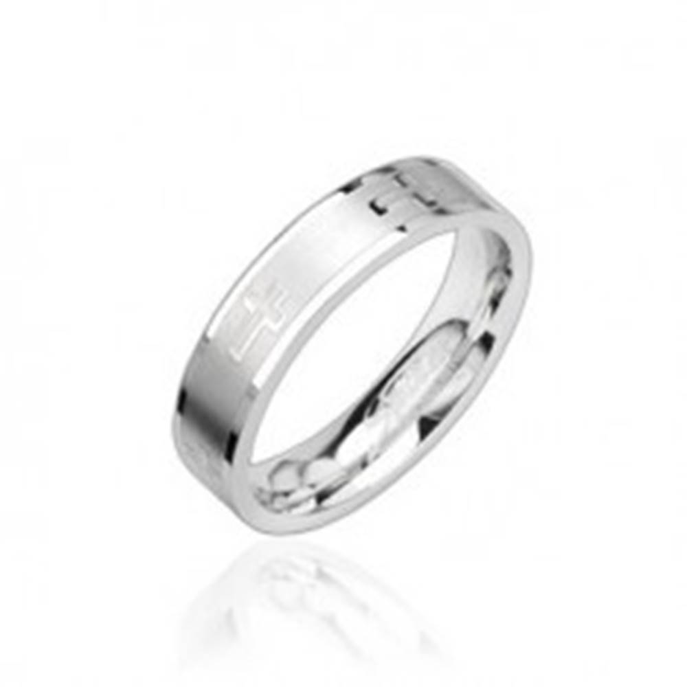 Šperky eshop Oceľový prsteň lesklý, krížiky - Veľkosť: 49 mm