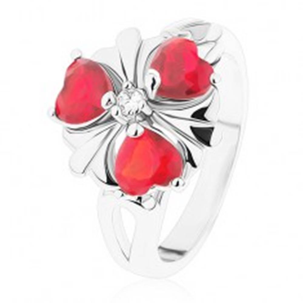 Šperky eshop Oceľový prsteň, ligotavý kvet s červenými srdiečkovými zirkónmi - Veľkosť: 52 mm