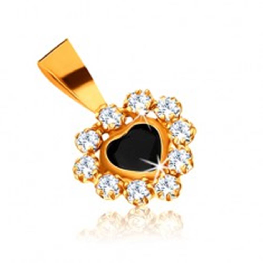 Šperky eshop Prívesok v žltom 9K zlate - zafírové srdce a zirkónová obruba čírej farby