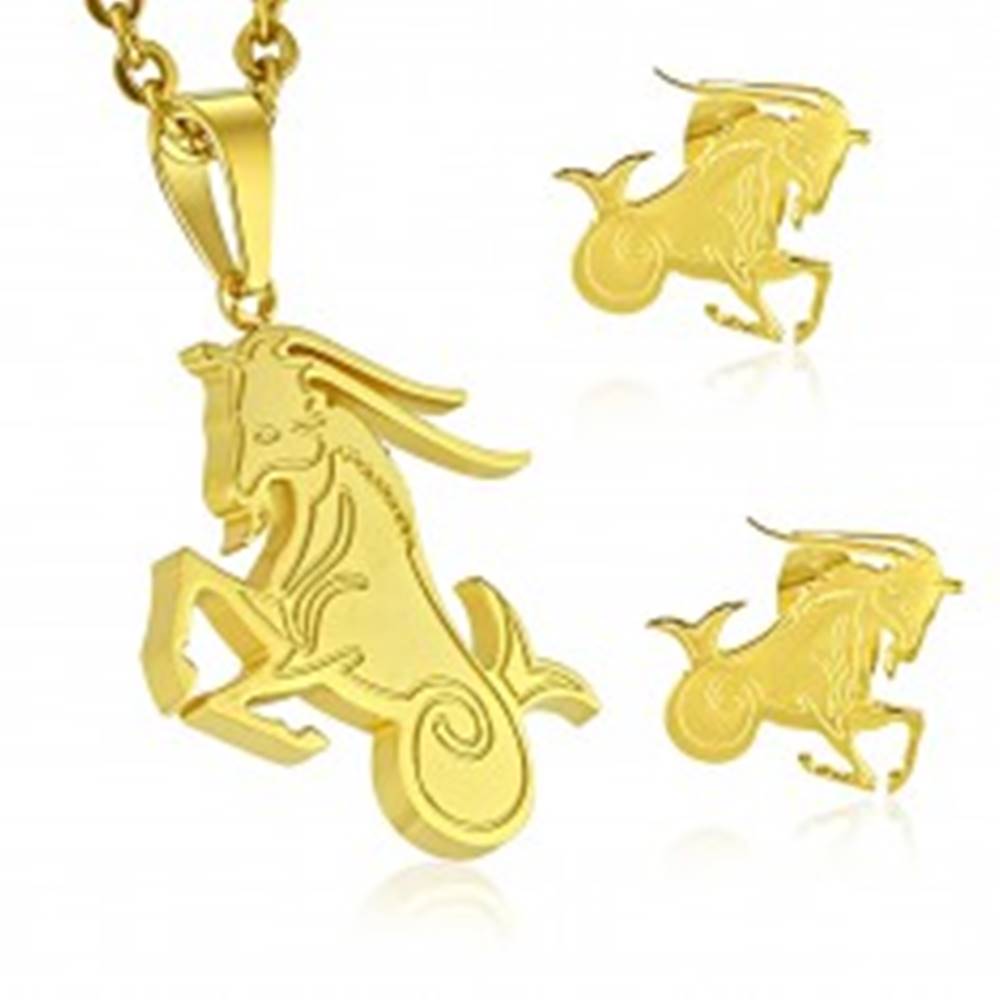 Šperky eshop Set z chirurgickej ocele zlatej farby, prívesok a náušnice, znamenie KOZOROŽEC