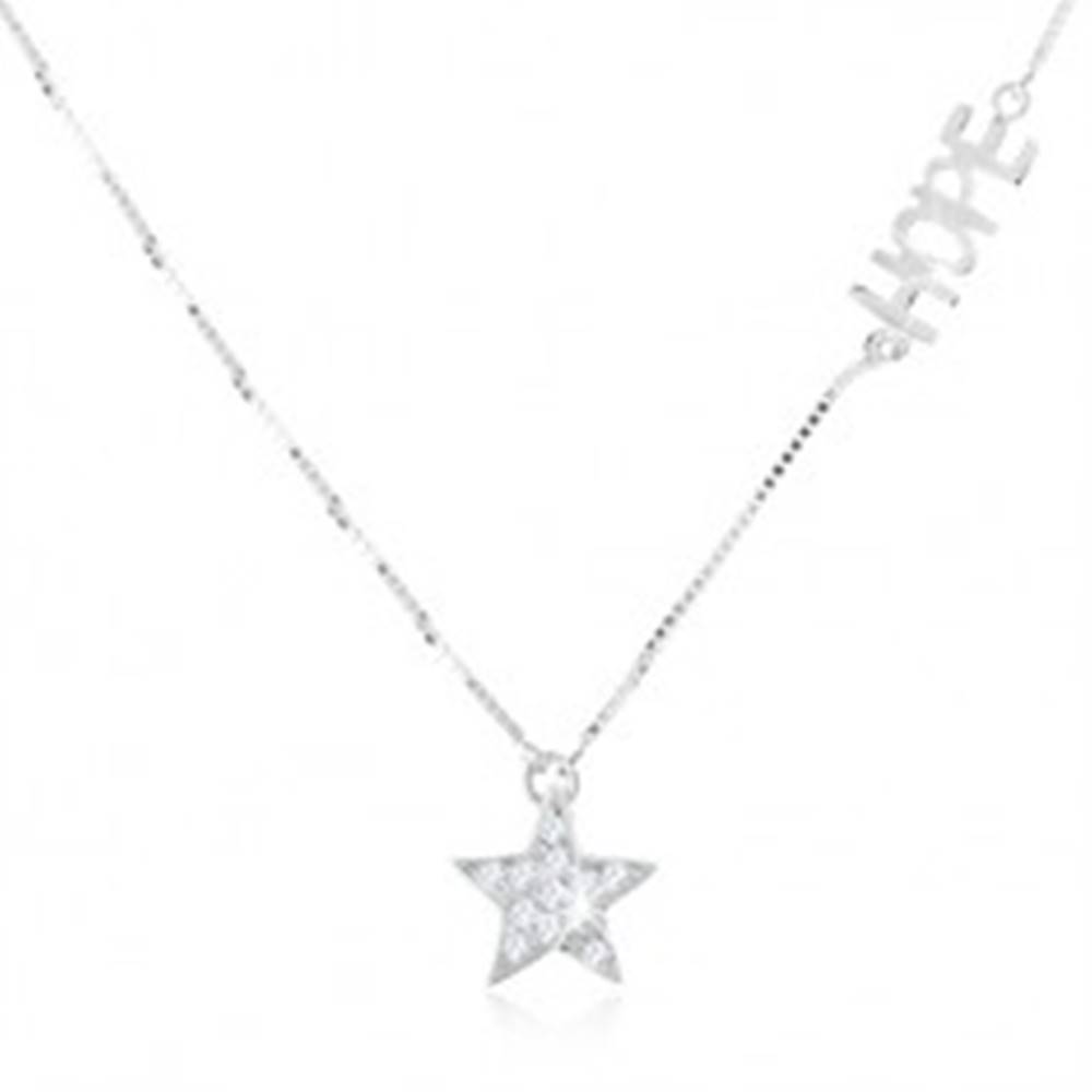 Šperky eshop Strieborný náhrdelník 925 - jemná retiazka, číra zirkónová hviezda, nápis "HOPE"