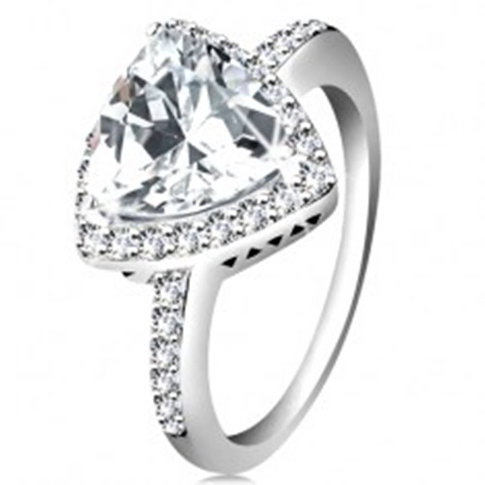 Šperky eshop Strieborný prsteň 925, trojuholníkový číry zirkón, ligotavý lem, výrezy - Veľkosť: 47 mm