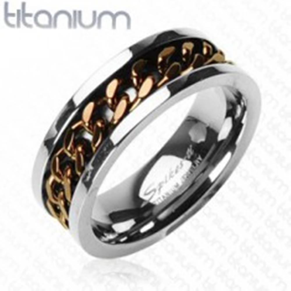 Šperky eshop Titánový prsteň striebornej farby - reťaz v medenom farebnom odtieni - Veľkosť: 59 mm